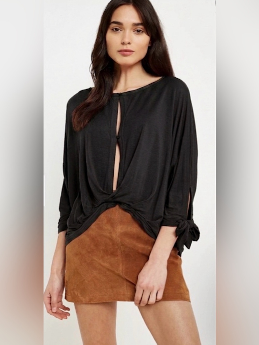 Free People Black Tie-Sleeve Twist Front Top